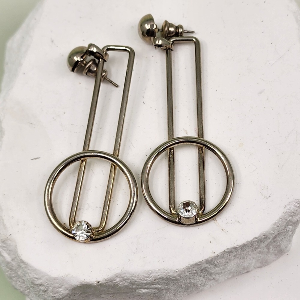 Silver Tone Geometric Dangle Earrings Clear Rhinestone Circle Statement Modern